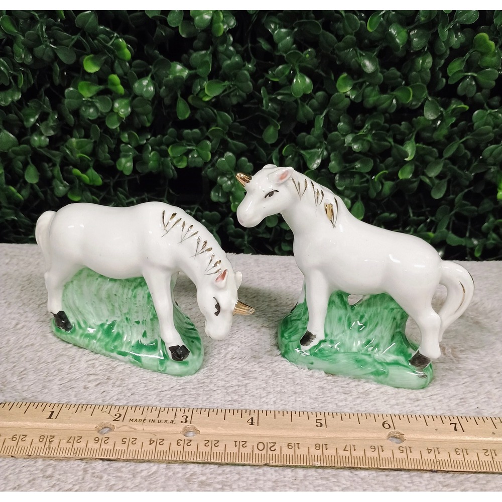 Vintage White Porcelain Unicorn Figurines Gold Accents‎ Set of 2 Fantasy Decor